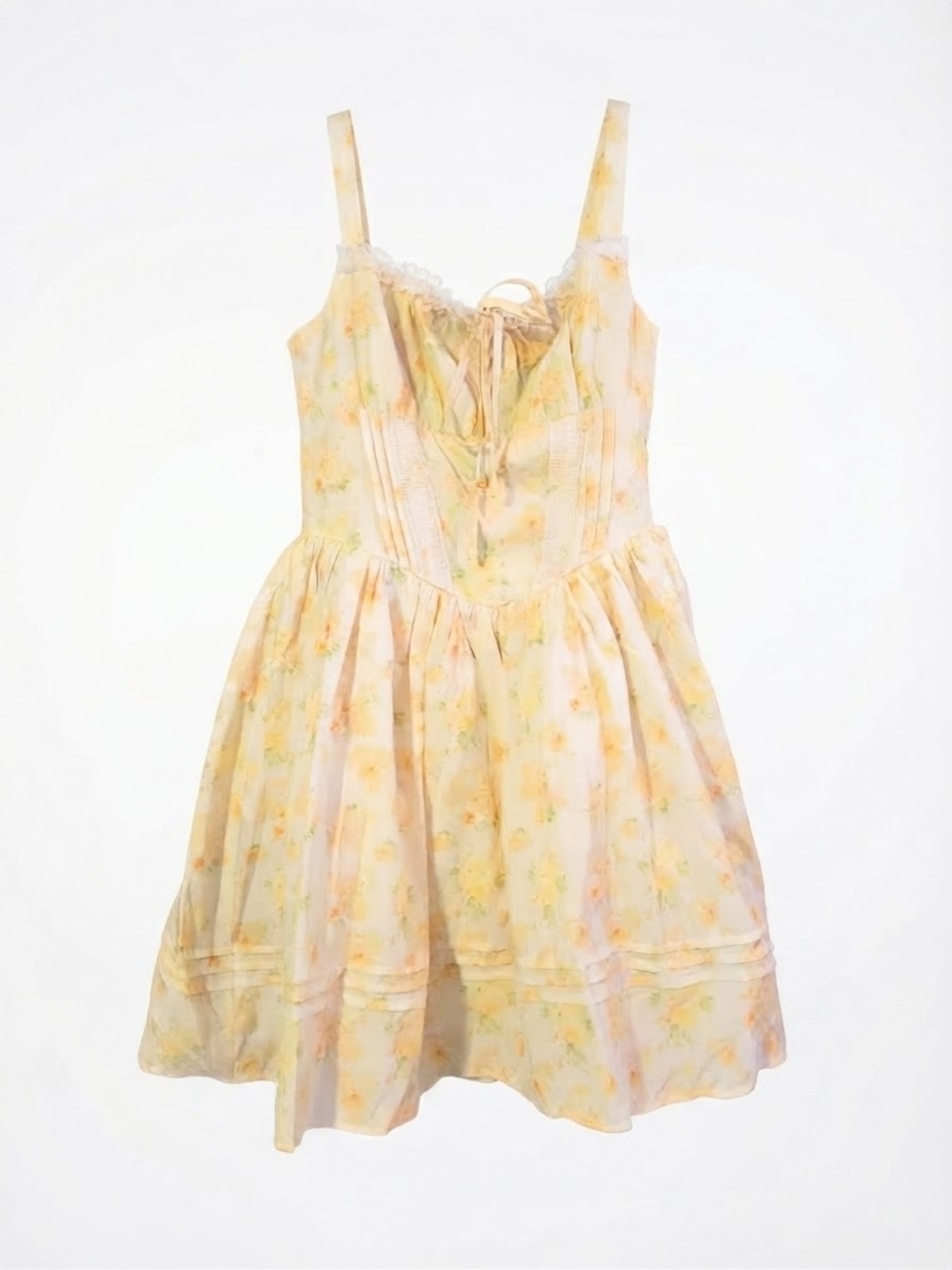 Vintage-Inspired Yellow Floral Mini Dress with Lace Trim